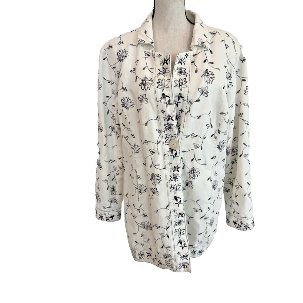 Susan Graver Style Linen Blend Floral Embroidered White Jacket Blazer Sz L